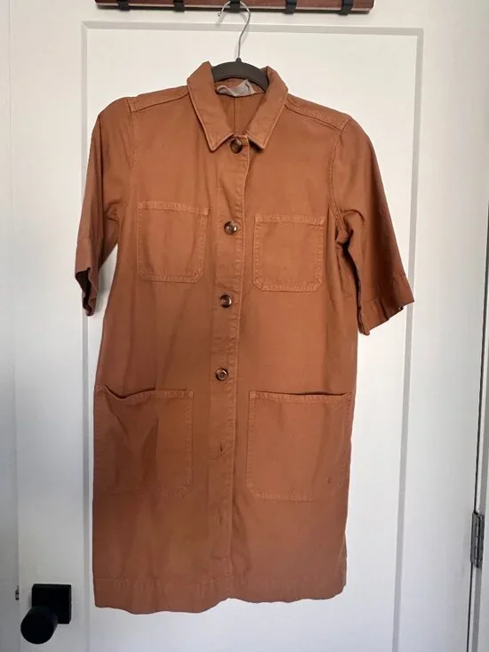 Everlane Chore Mini Dress | Toasted Coconut | Utility Shirt Dress Size 00 - Picture 2 of 5